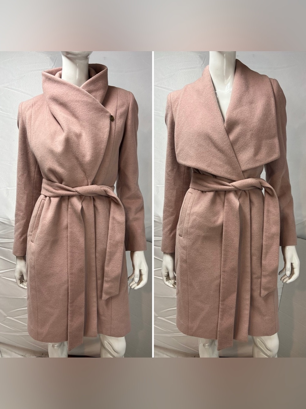 Cole Haan Women's 4 Light Pink Wool Long Pea Coat Belted Stand Collar Jacket